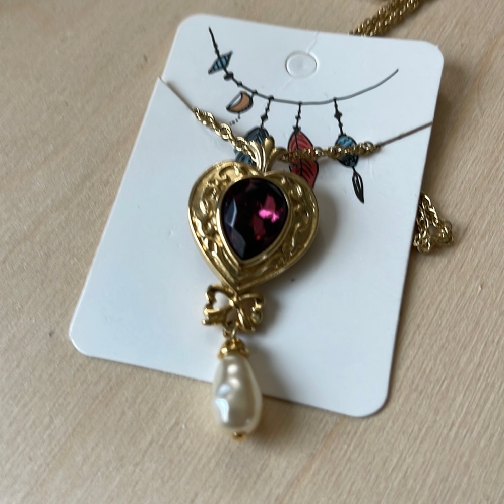 Vintage 80s Avon Amethyst Heart w/ Tear Drop Pearl Dangle Pendant